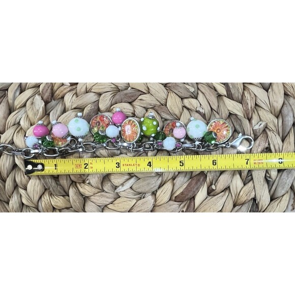 VTG Y2K Charm Cha Cha Bracelet Lampwork Glass & Floral Beads Silver Tone 7-8.25 - Picture 7 of 9